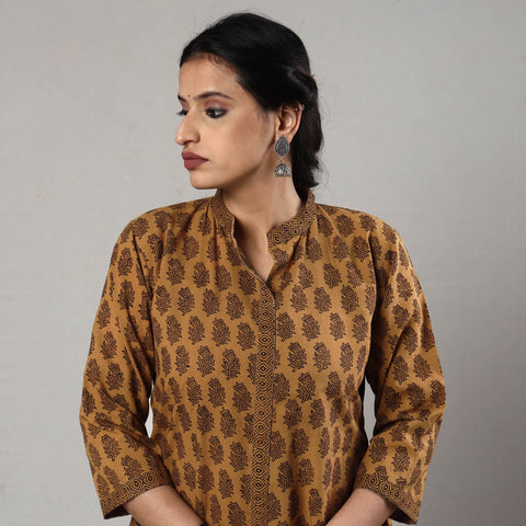 Brown - Bagh Block Printed Cotton Long A-Line Kurta