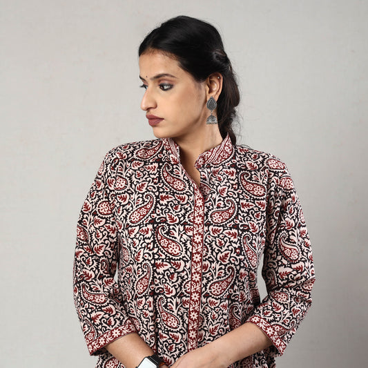 Multicolor - White & Red Bagh Block Printed Cotton A-Line Long Kurta
