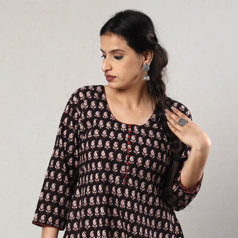 Black & White - Bagh Block Printing Cotton Long A-Line Kurta