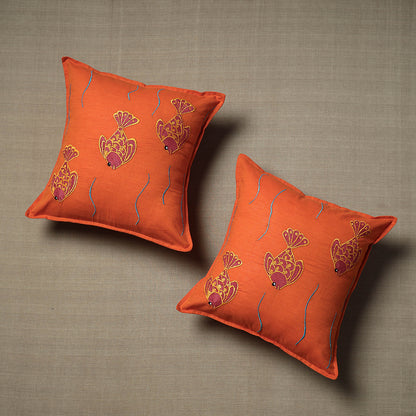 Orange - Set of 2 - Chandi Mati Kantha Work Cotton Cushion Cover (16 x 16 in)