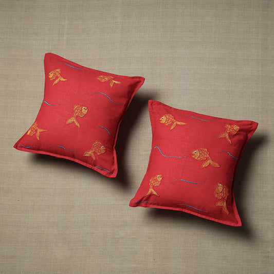 Red - Set of 2 - Chandi Mati Kantha Work Cotton Cushion Cover (16 x 16 in)
