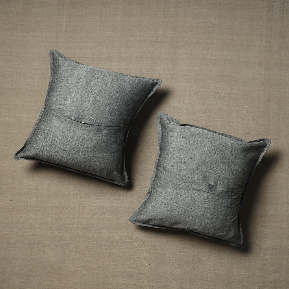 Grey - Set of 2 - Chandi Mati Kantha Work Cotton Cushion Cover (16 x 16 in)