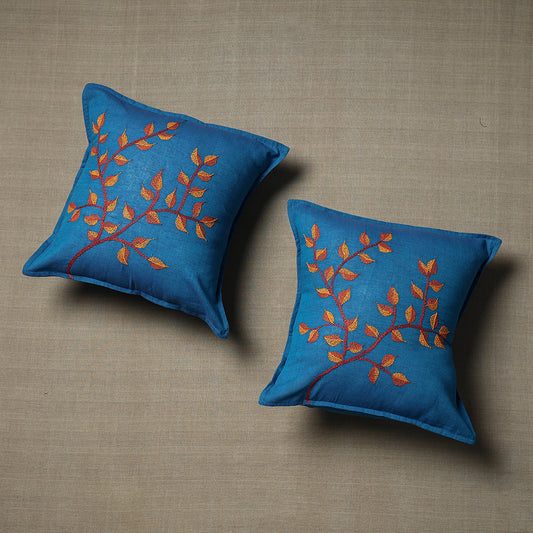 Blue - Set of 2 - Chandi Mati Kantha Work Cotton Cushion Cover (16 x 16 in)