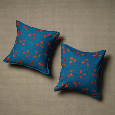 Blue - Set of 2 - Chandi Mati Kantha Work Cotton Cushion Cover (16 x 16 in)