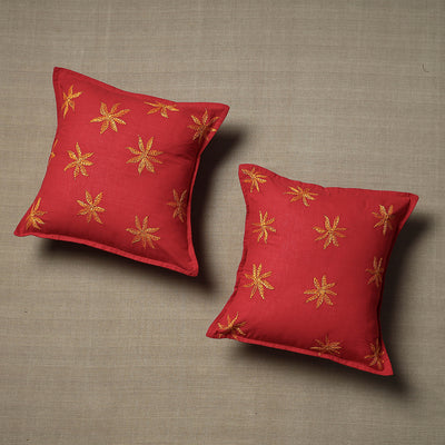 Red - Set of 2 - Chandi Mati Kantha Work Cotton Cushion Cover (16 x 16 in)
