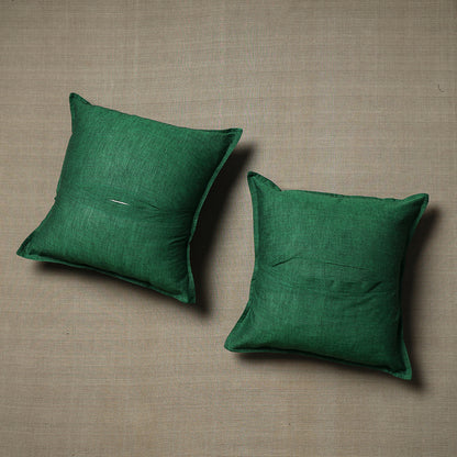 Green - Set of 2 - Chandi Mati Kantha Work Cotton Cushion Cover (16 x 16 in)