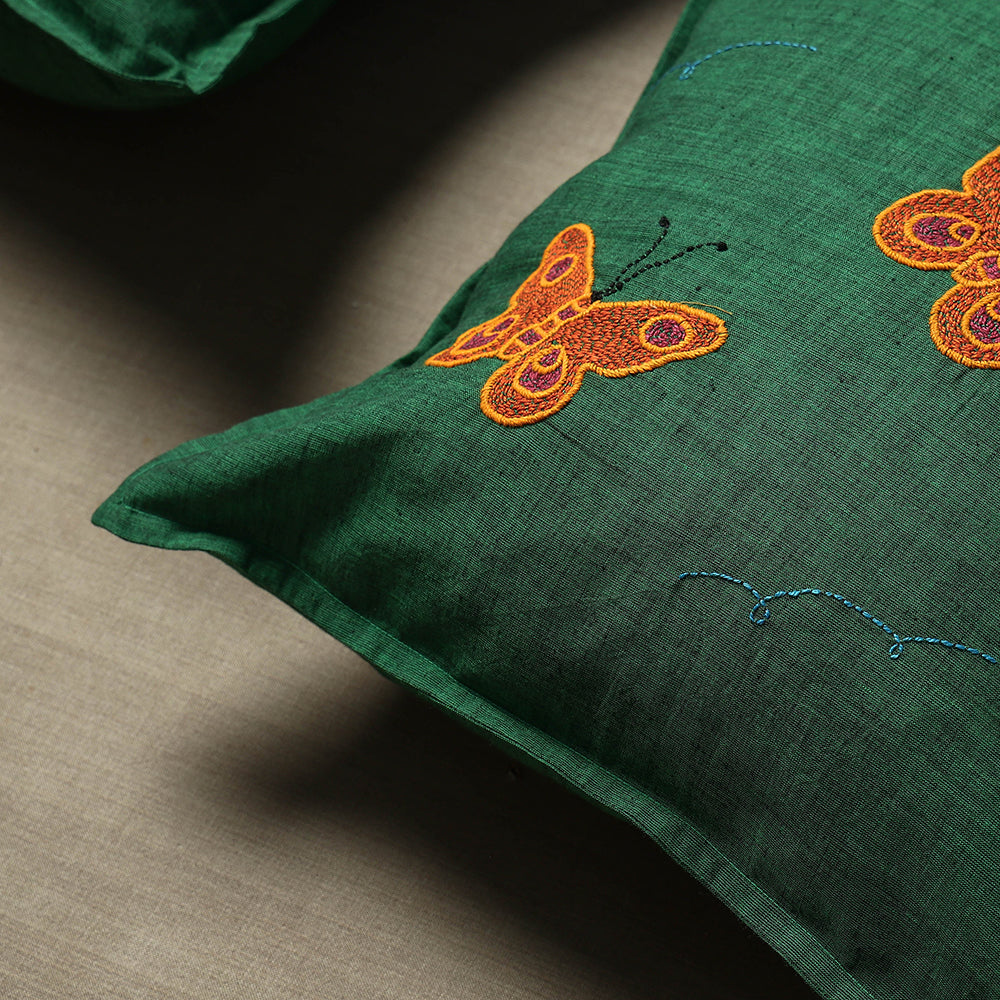 Green - Set of 2 - Chandi Mati Kantha Work Cotton Cushion Cover (16 x 16 in)