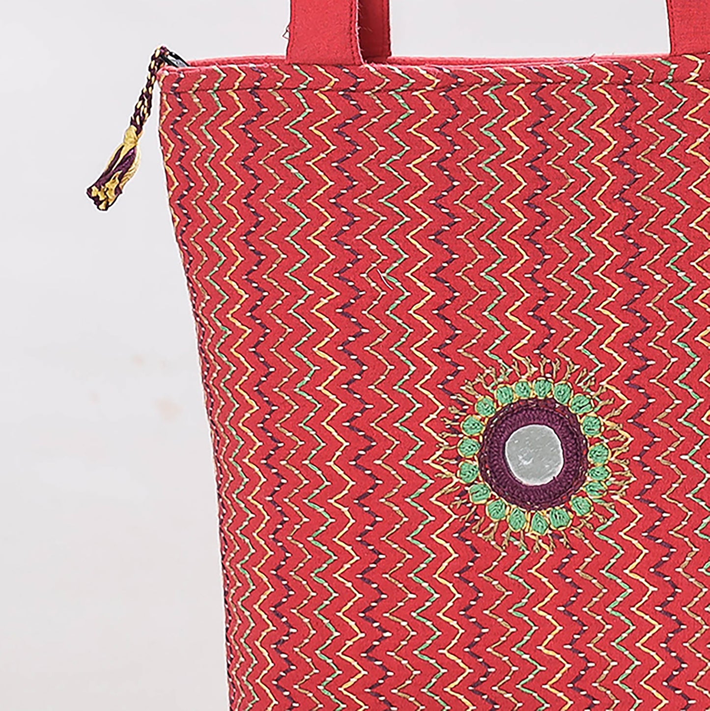 Red - Lambani Mirror Work Hand Embroidery Cotton Shoulder Bag