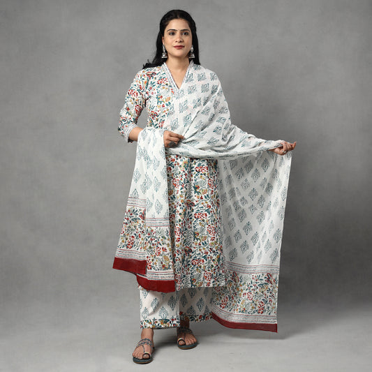 White - Sanganeri Block Printing Cotton Kurta with Palazzo & Dupatta Set