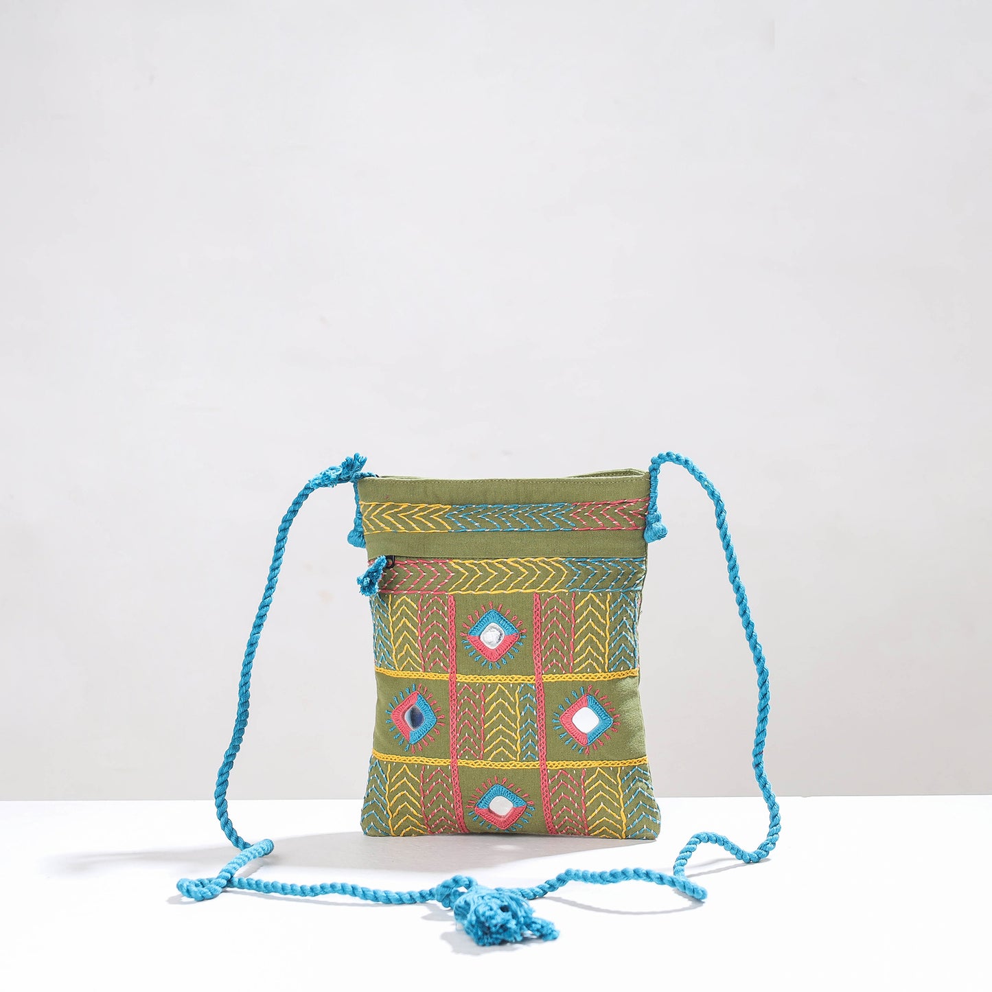 Green - Lambani Mirror Work Hand Embroidery Cotton Sling Bag