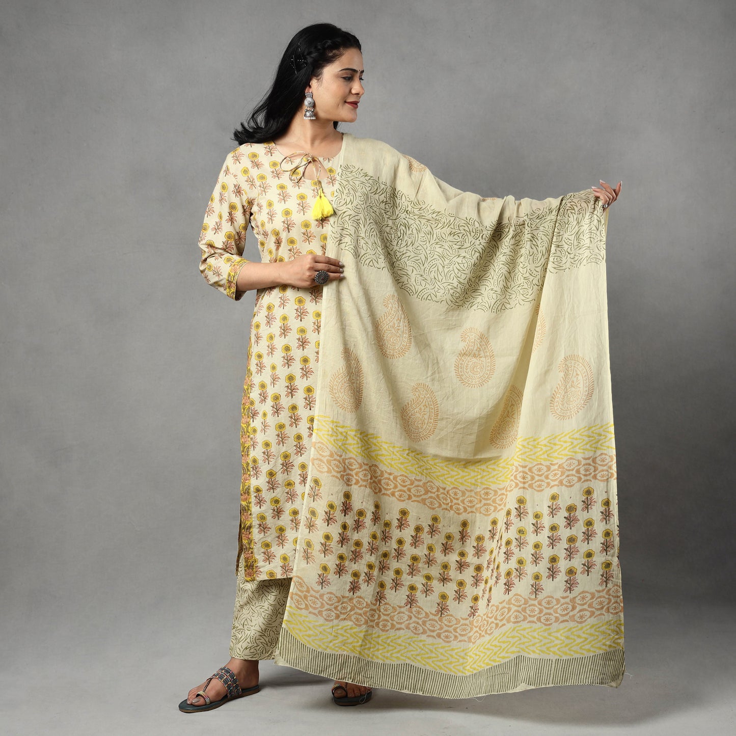 Sanganeri Block Printing Cotton Kurta with Palazzo & Dupatta Set