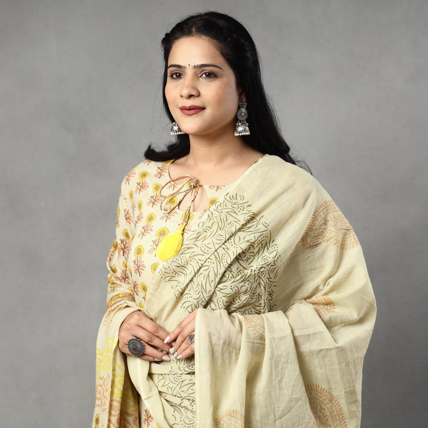 Sanganeri Block Printing Cotton Kurta with Palazzo & Dupatta Set