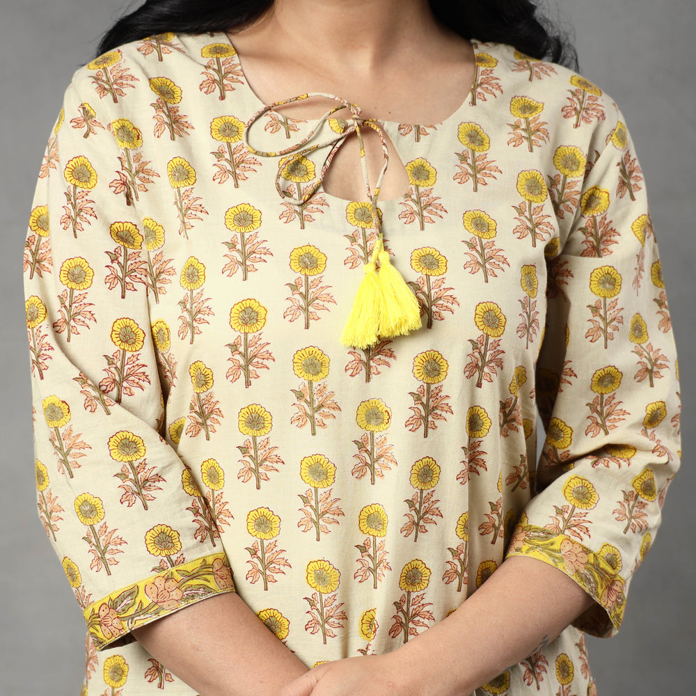 Sanganeri Block Printing Cotton Kurta with Palazzo & Dupatta Set