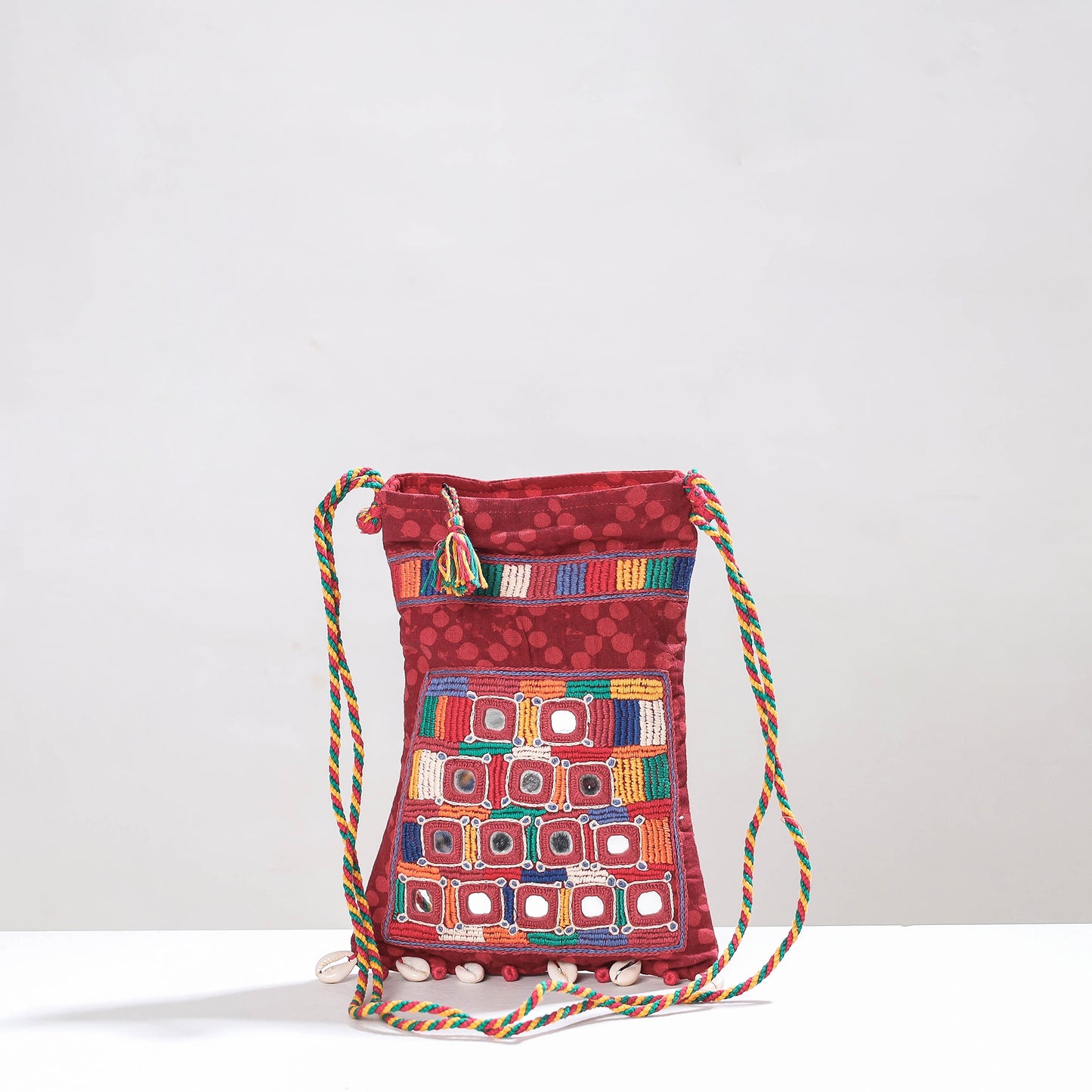 Red - Lambani Mirror Work Hand Embroidery Cotton Shoulder Bag