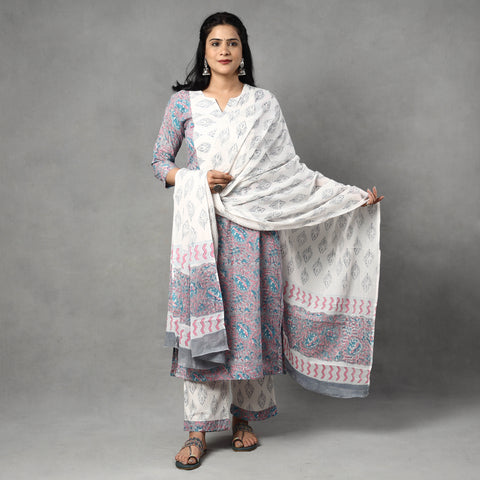 Buy Sanganeri Block Printing Cotton Kurta with Palazzo & Dupatta Set Online at iTokri.com
