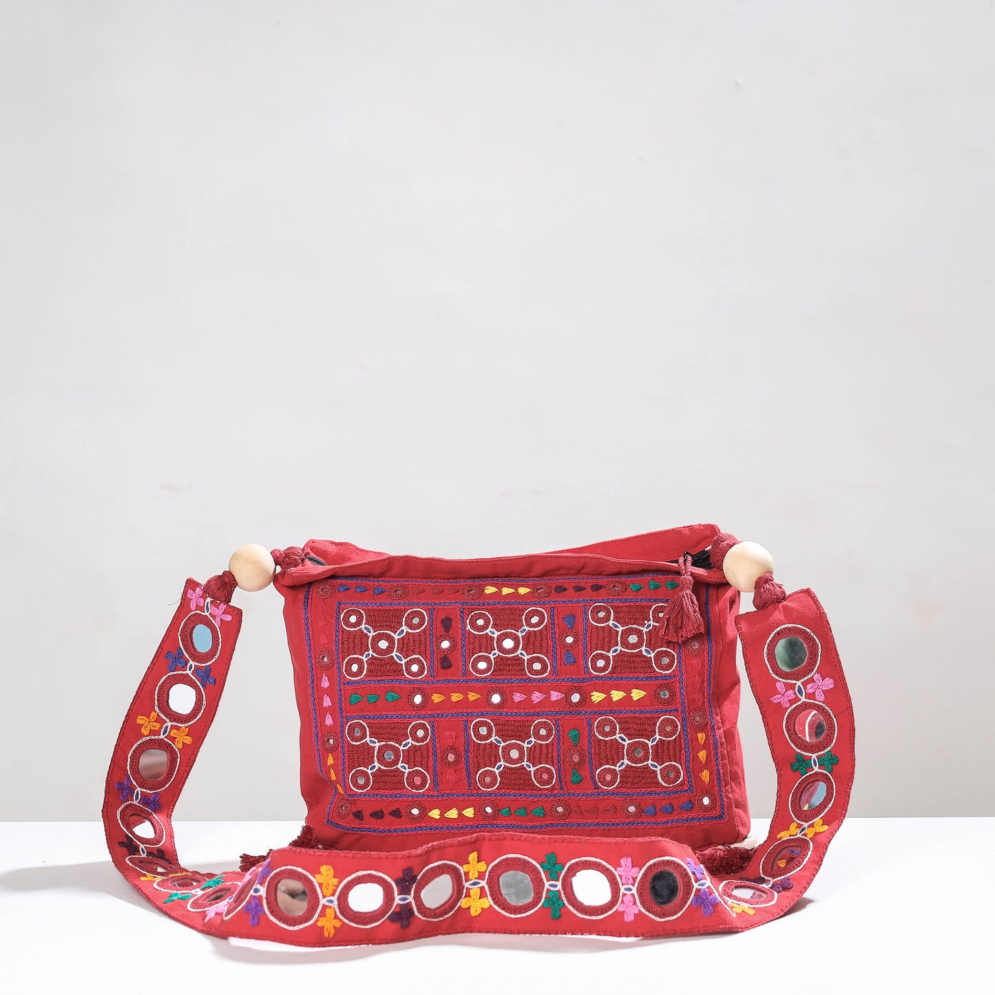 Pink - Lambani Mirror Work Hand Embroidery Cotton Sling Bag