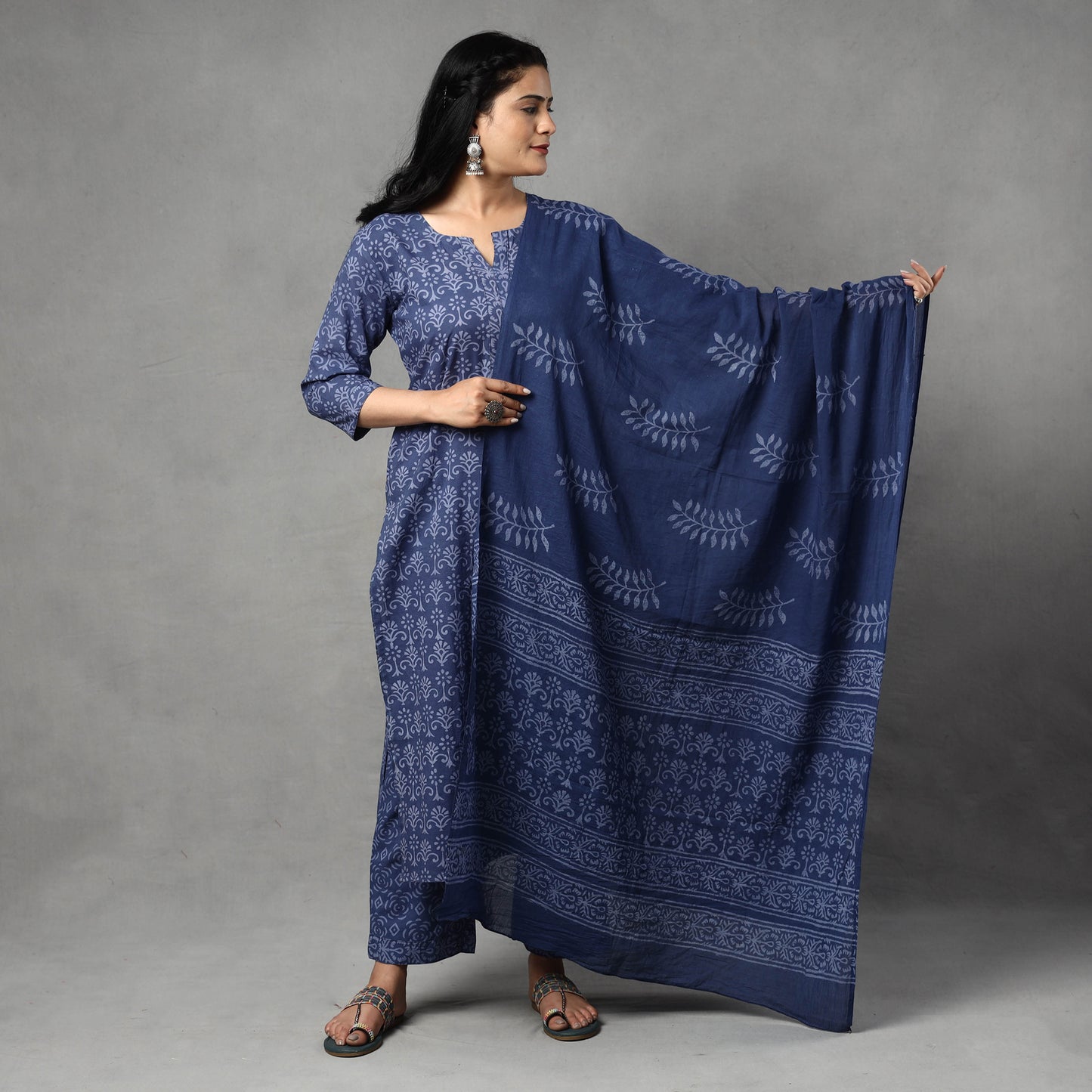 Sanganeri Block Printing Cotton Kurta with Palazzo & Dupatta Set