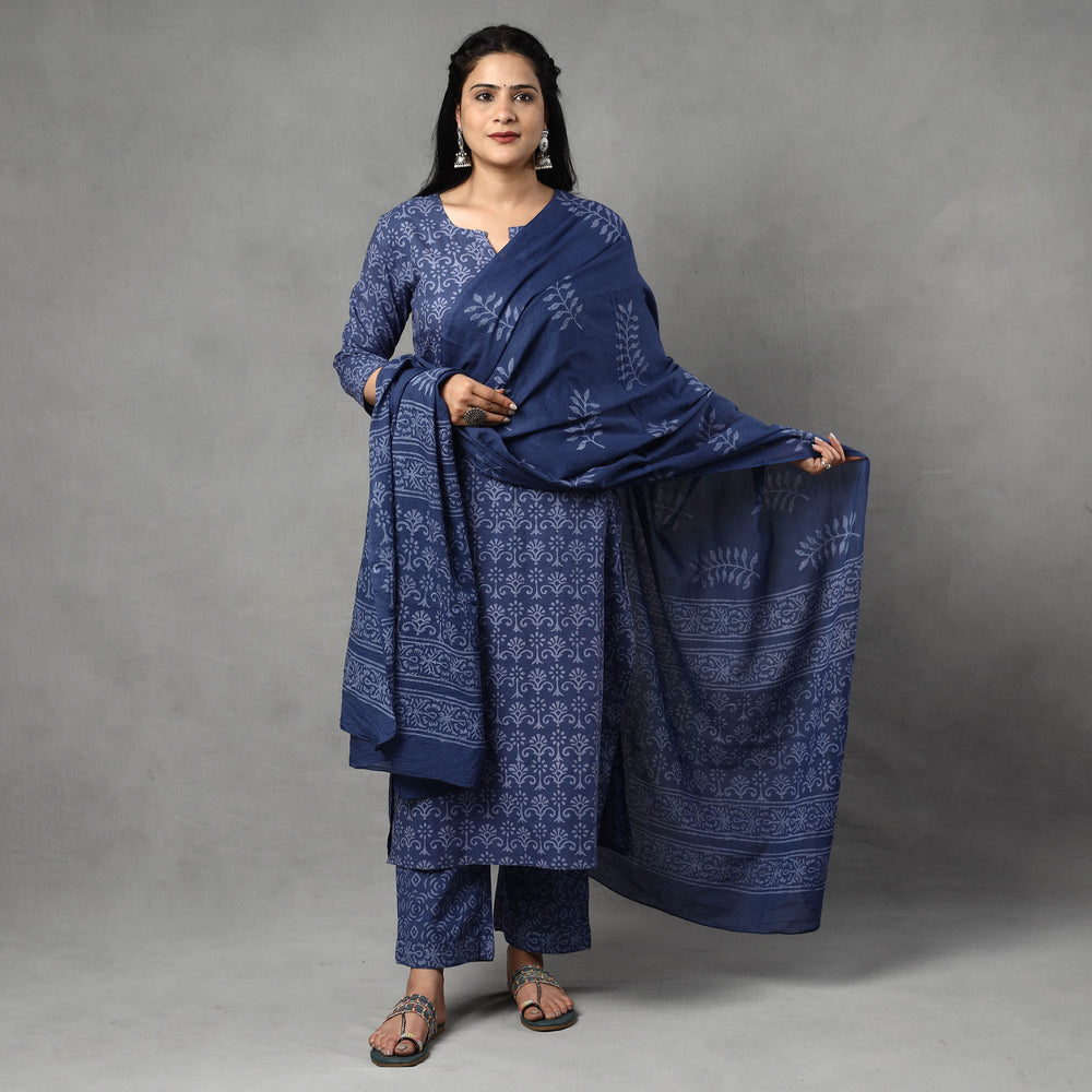 Sanganeri Block Printing Cotton Kurta with Palazzo & Dupatta Set