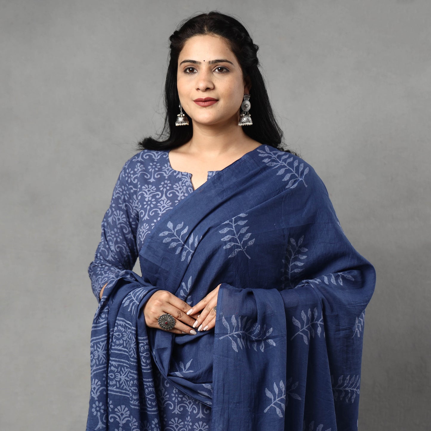 Blue - Sanganeri Block Printing Cotton Kurta with Palazzo & Dupatta Set