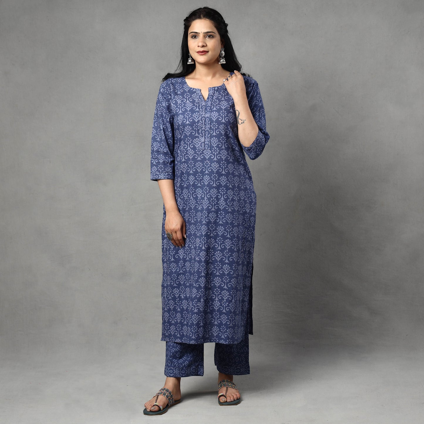 Blue - Sanganeri Block Printing Cotton Kurta with Palazzo & Dupatta Set