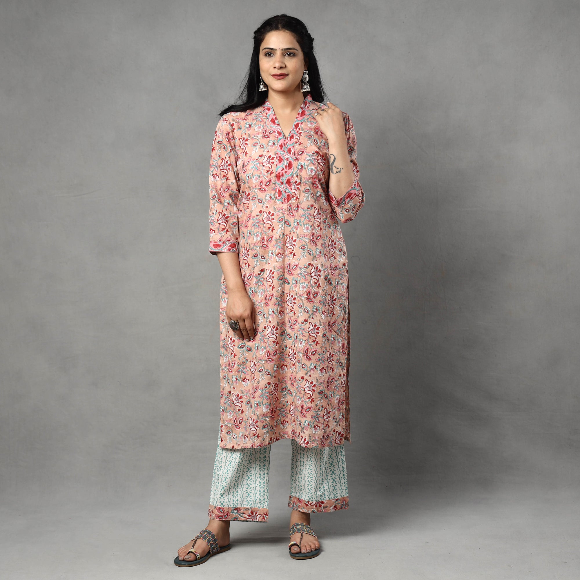  Sanganeri Block Printed Cotton Kurta with Palazzo & Dupatta Set Online at iTokri.com