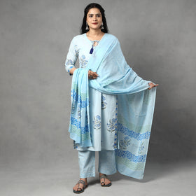  Sanganeri Block Printed Cotton Kurta with Palazzo & Dupatta Set 