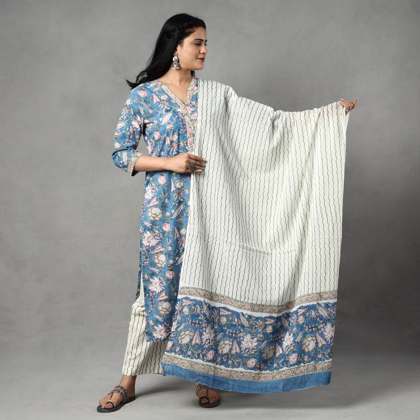 Blue - Sanganeri Block Printing Cotton Kurta with Palazzo & Dupatta Set