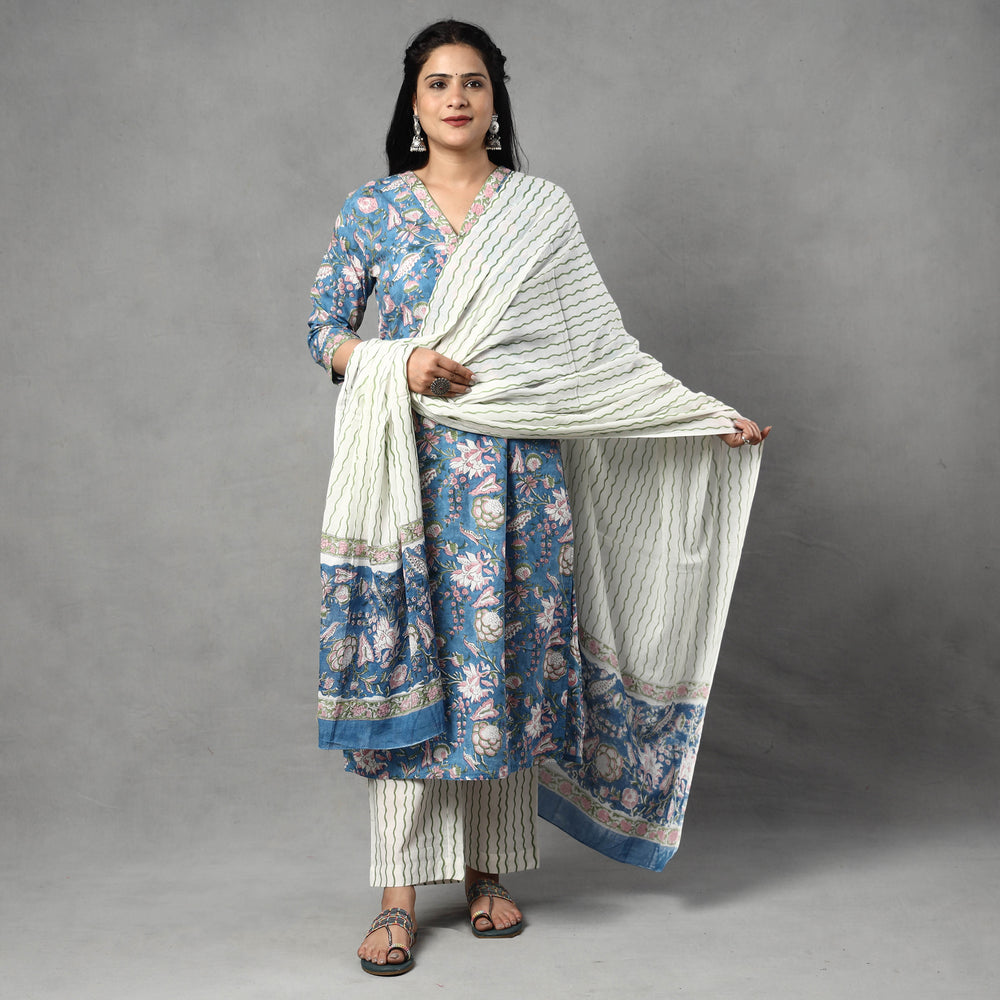 Blue - Sanganeri Block Printing Cotton Kurta with Palazzo & Dupatta Set