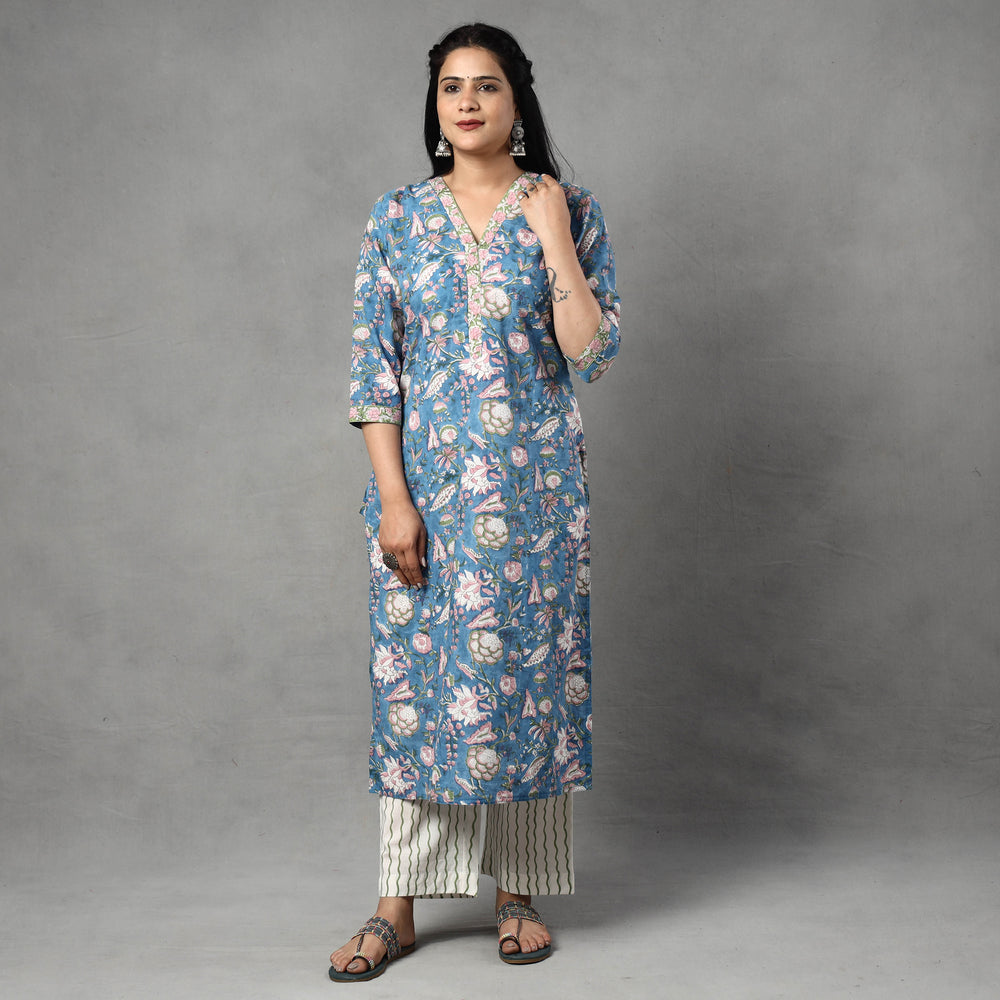 Blue - Sanganeri Block Printing Cotton Kurta with Palazzo & Dupatta Set