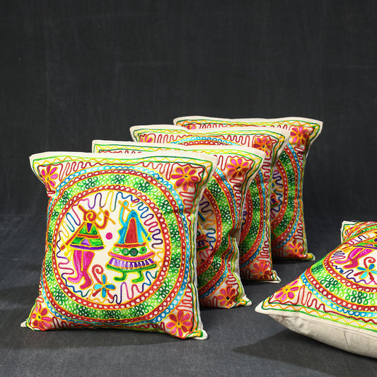 Multicolor - Aari Hand Embroidery Cotton Cushion Cover Set of 5 (16 x 16 in)
