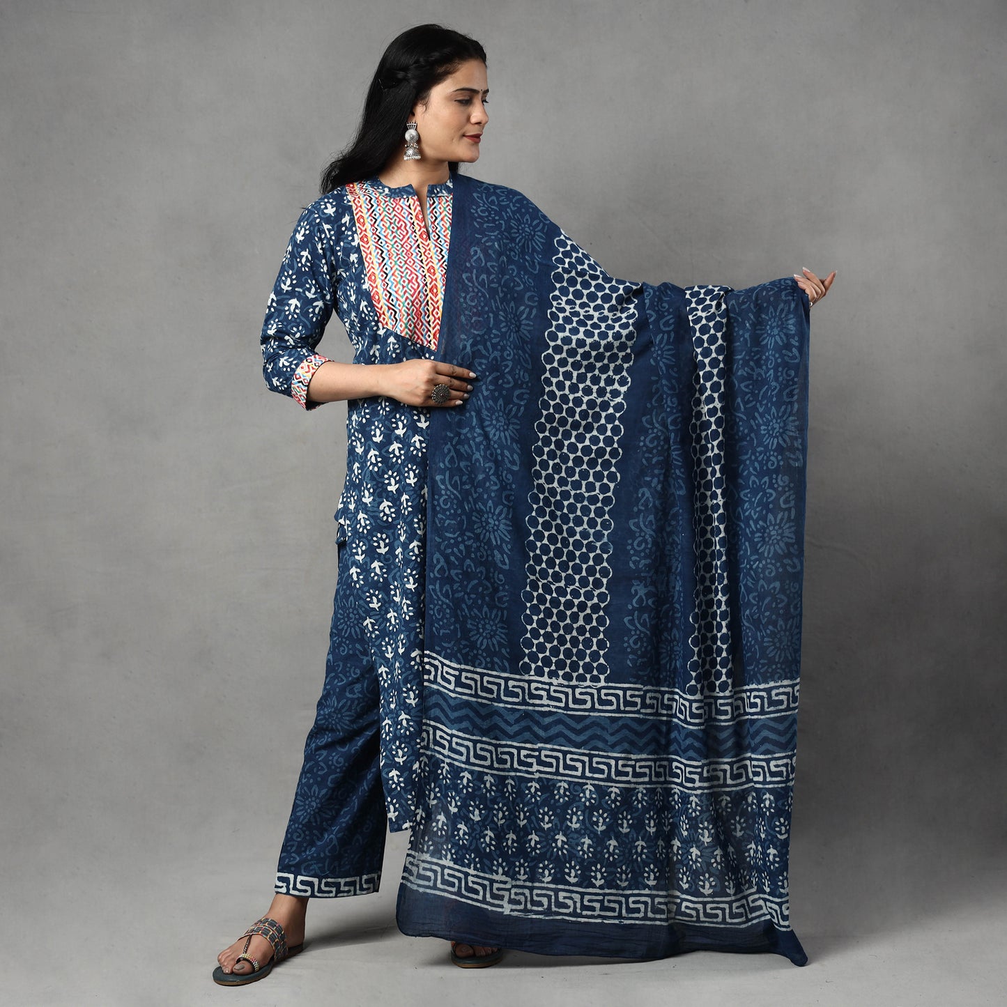 Block Printed Kurta with Palazzo & Dupatta Set
