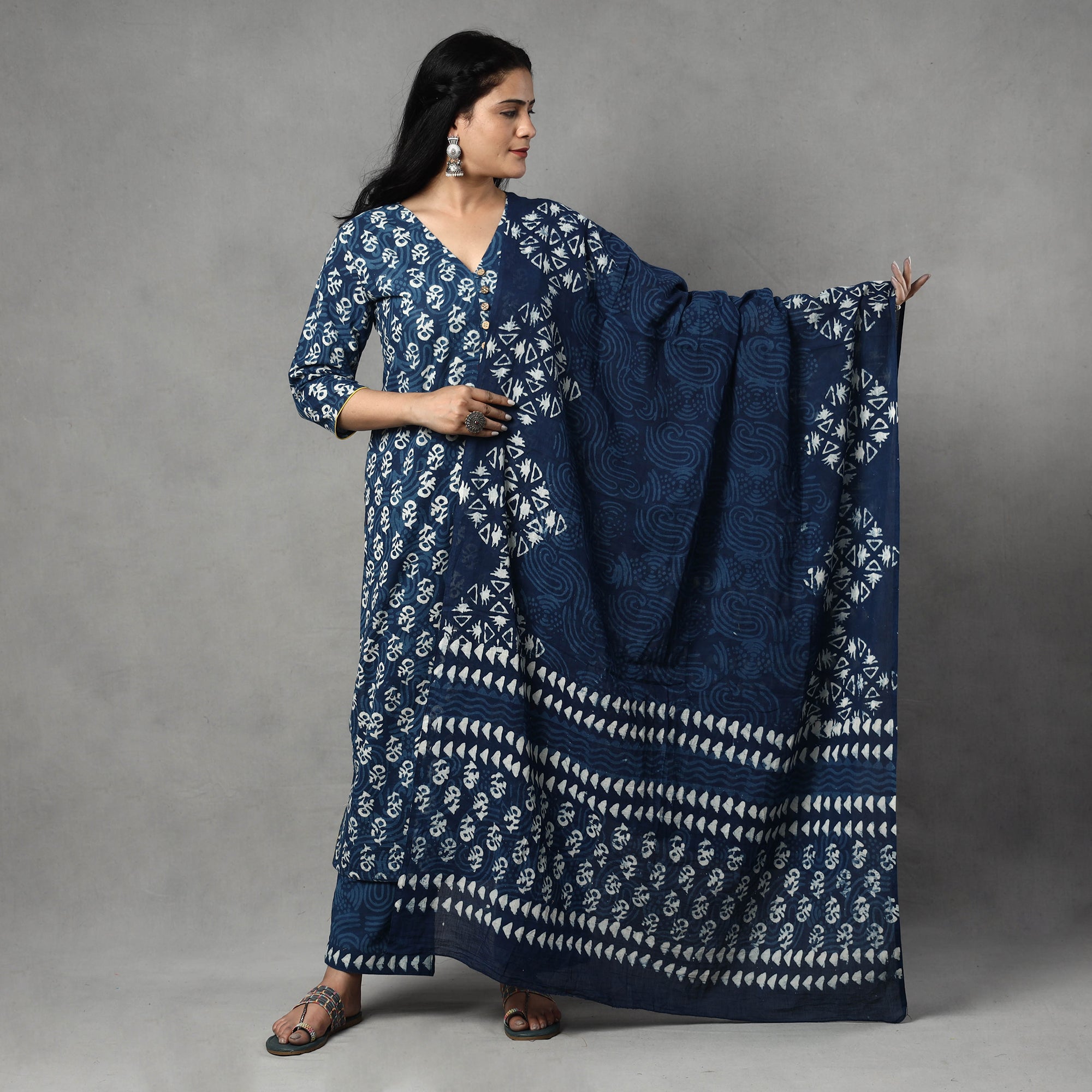 Buy Indigo Block Printed Cotton Kurta with Palazzo & Dupatta Set Online at iTokri.com