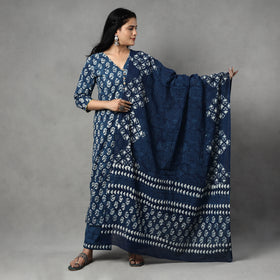 Buy Indigo Block Printed Cotton Kurta with Palazzo & Dupatta Set Online at iTokri.com
