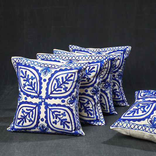 Blue - Aari Hand Embroidery Cotton Cushion Cover Set of 5 (16.5 x 16.5 in)