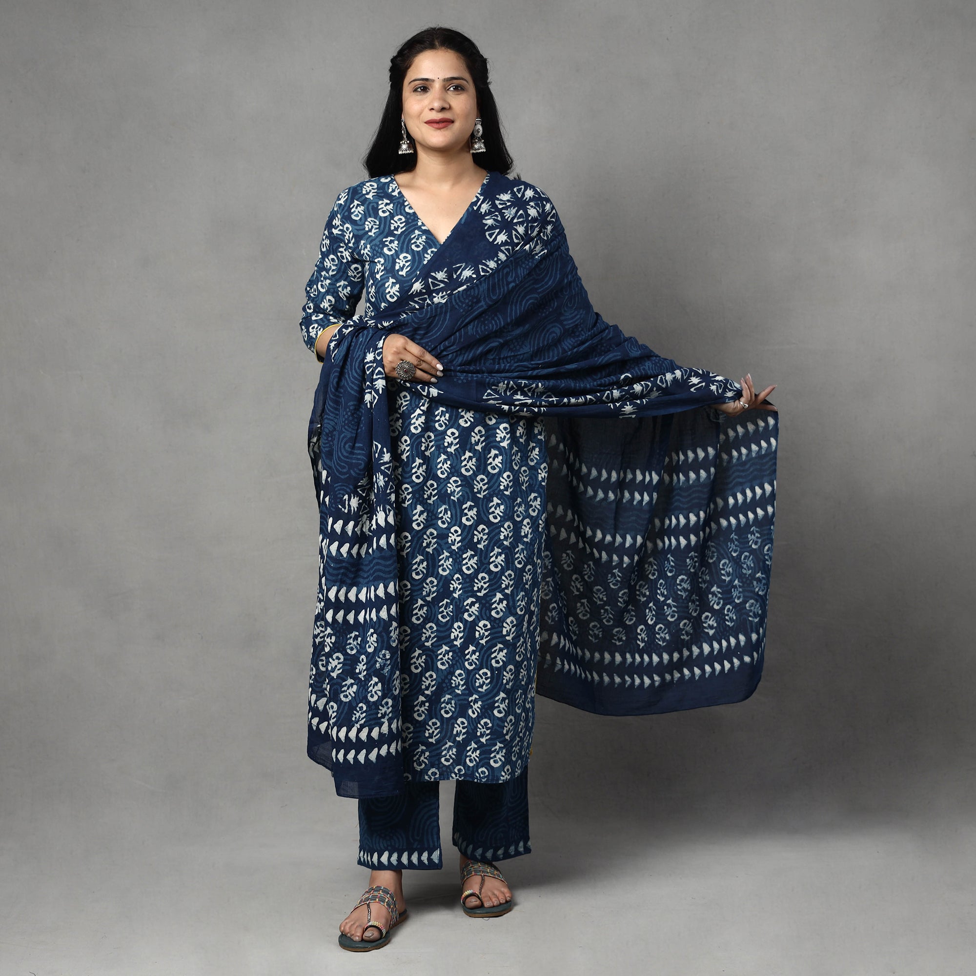 Buy Indigo Block Printed Cotton Kurta with Palazzo & Dupatta Set Online at iTokri.com