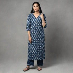 Buy Indigo Block Printed Cotton Kurta with Palazzo & Dupatta Set Online at iTokri.com