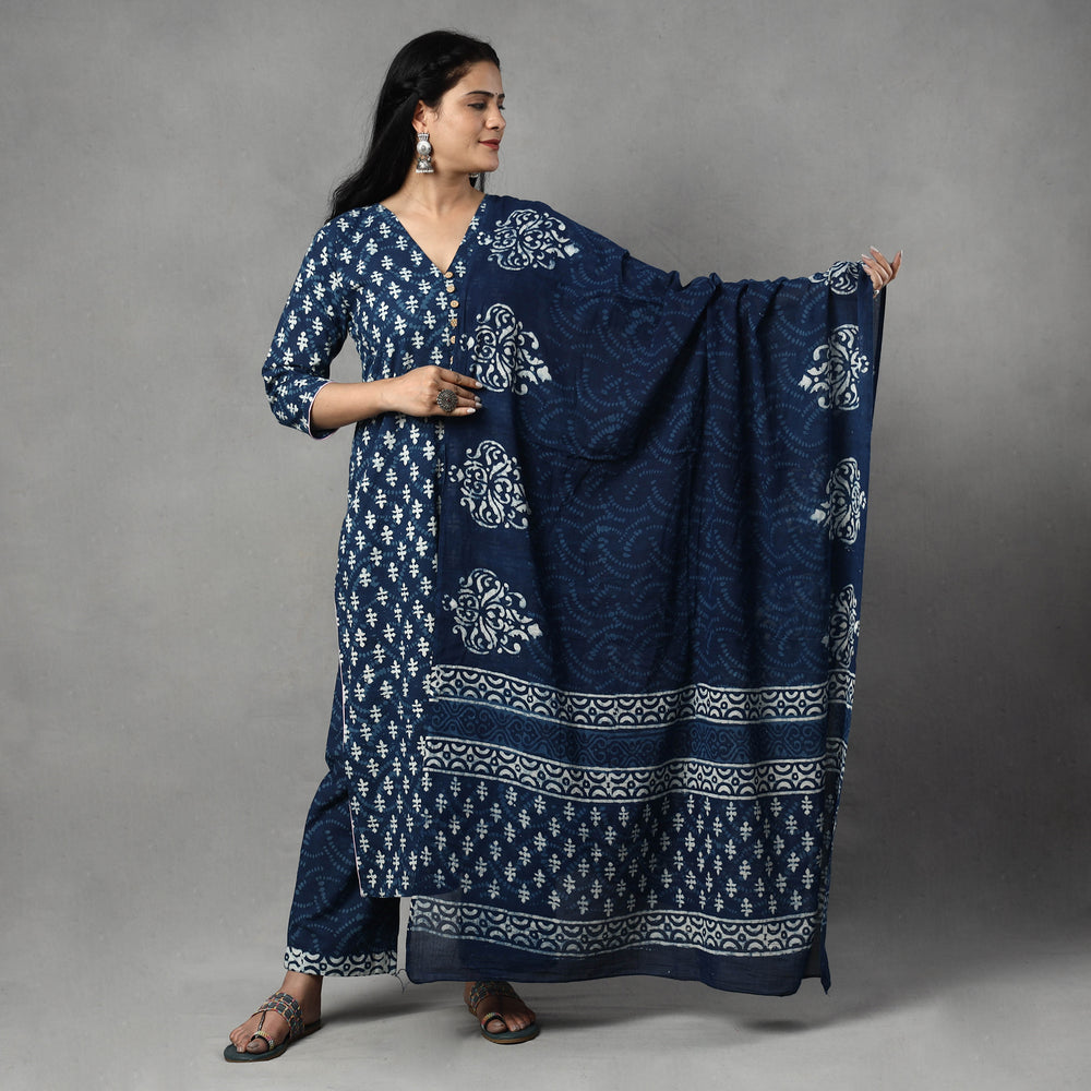 Blue - Indigo Block Printing Cotton Kurta with Palazzo & Dupatta Set