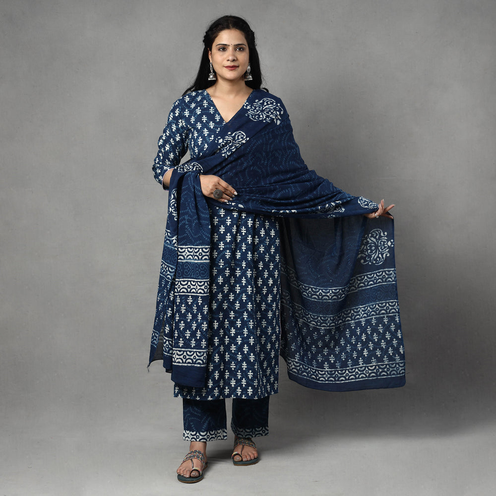 Blue - Indigo Block Printing Cotton Kurta with Palazzo & Dupatta Set