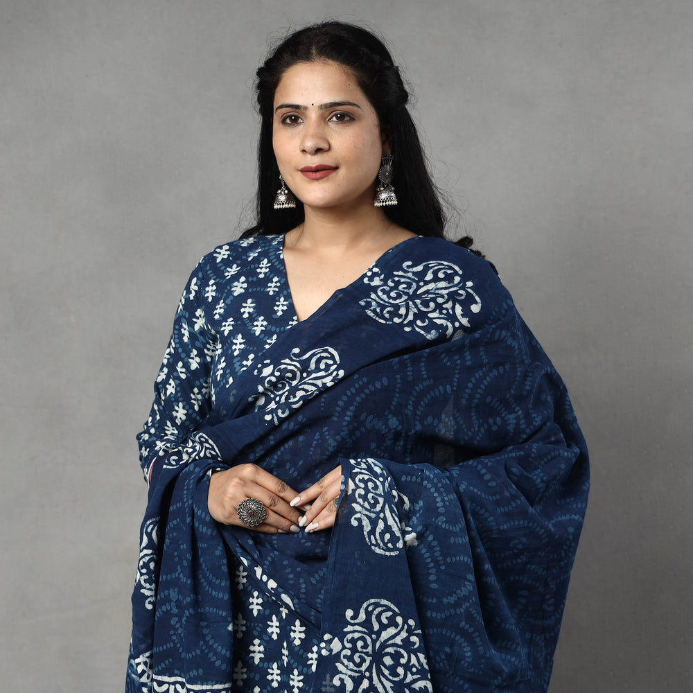 Blue - Indigo Block Printing Cotton Kurta with Palazzo & Dupatta Set