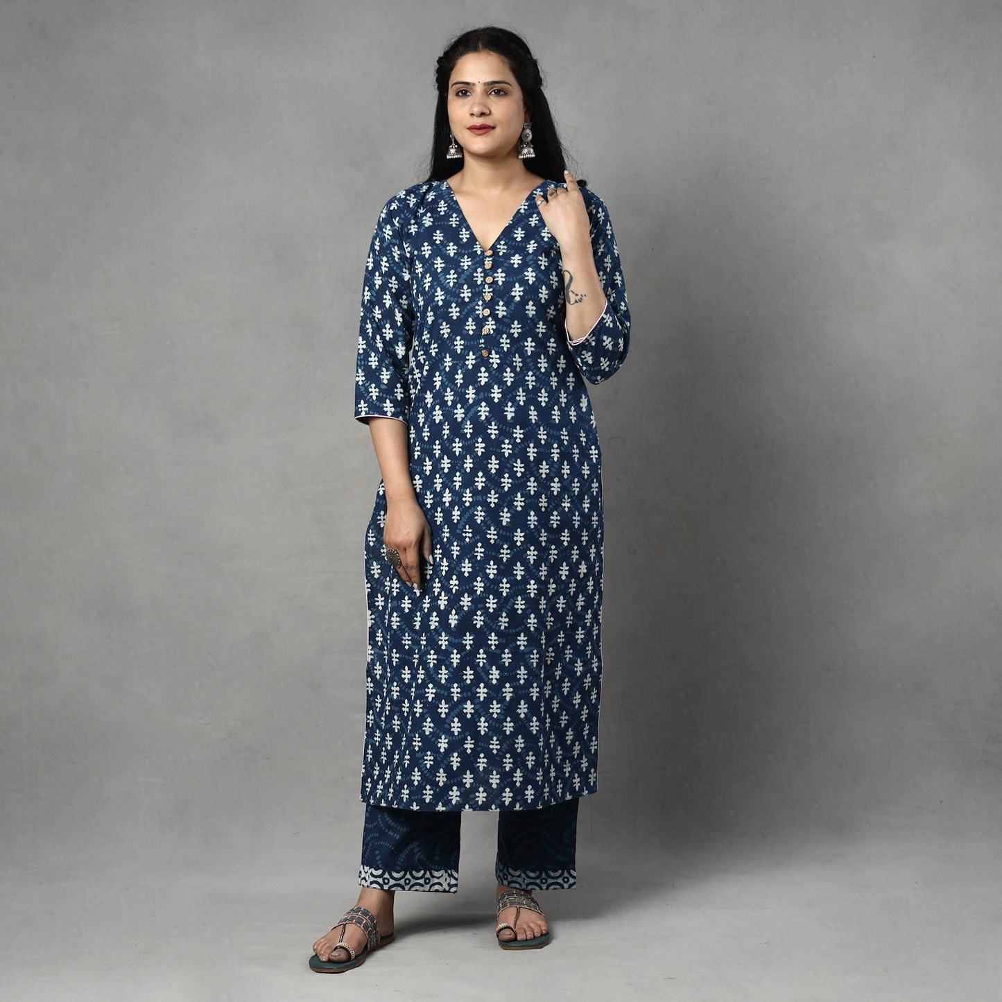 Blue - Indigo Block Printing Cotton Kurta with Palazzo & Dupatta Set