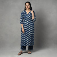 Blue - Indigo Block Printing Cotton Kurta with Palazzo & Dupatta Set