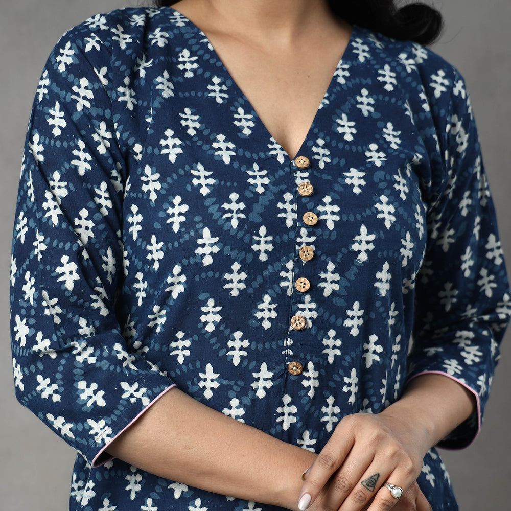 Blue - Indigo Block Printing Cotton Kurta with Palazzo & Dupatta Set