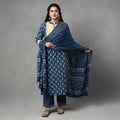  Indigo Block Printed Cotton Kurta with Palazzo & Dupatta Set 