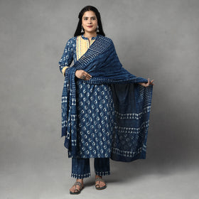  Indigo Block Printed Cotton Kurta with Palazzo & Dupatta Set 