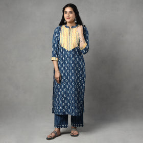  Indigo Block Printed Cotton Kurta with Palazzo & Dupatta Set 