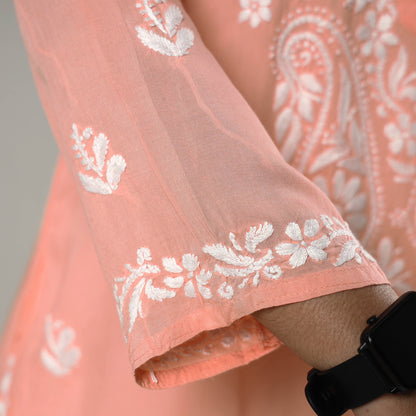 Peach Chikankari Hand Embroidered Soft Cotton Long Kurta
