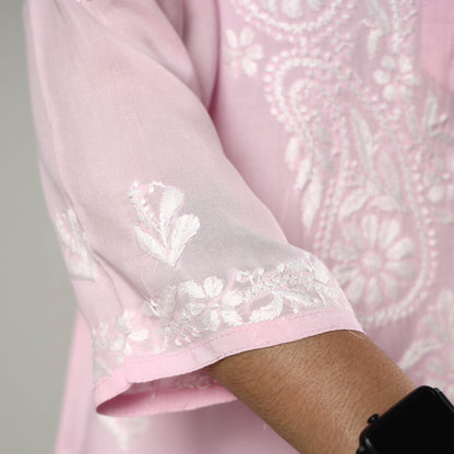 Baby Pink Chikankari Hand Embroidered Soft Cotton Long Kurta