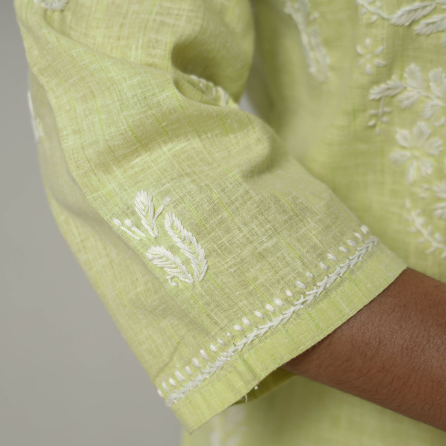 Light Lime Green Chikankari Hand Embroidered Cotton Long Kurta