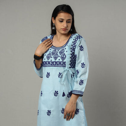 Sky Blue Chikankari Hand Embroidery Cotton Long Kurta