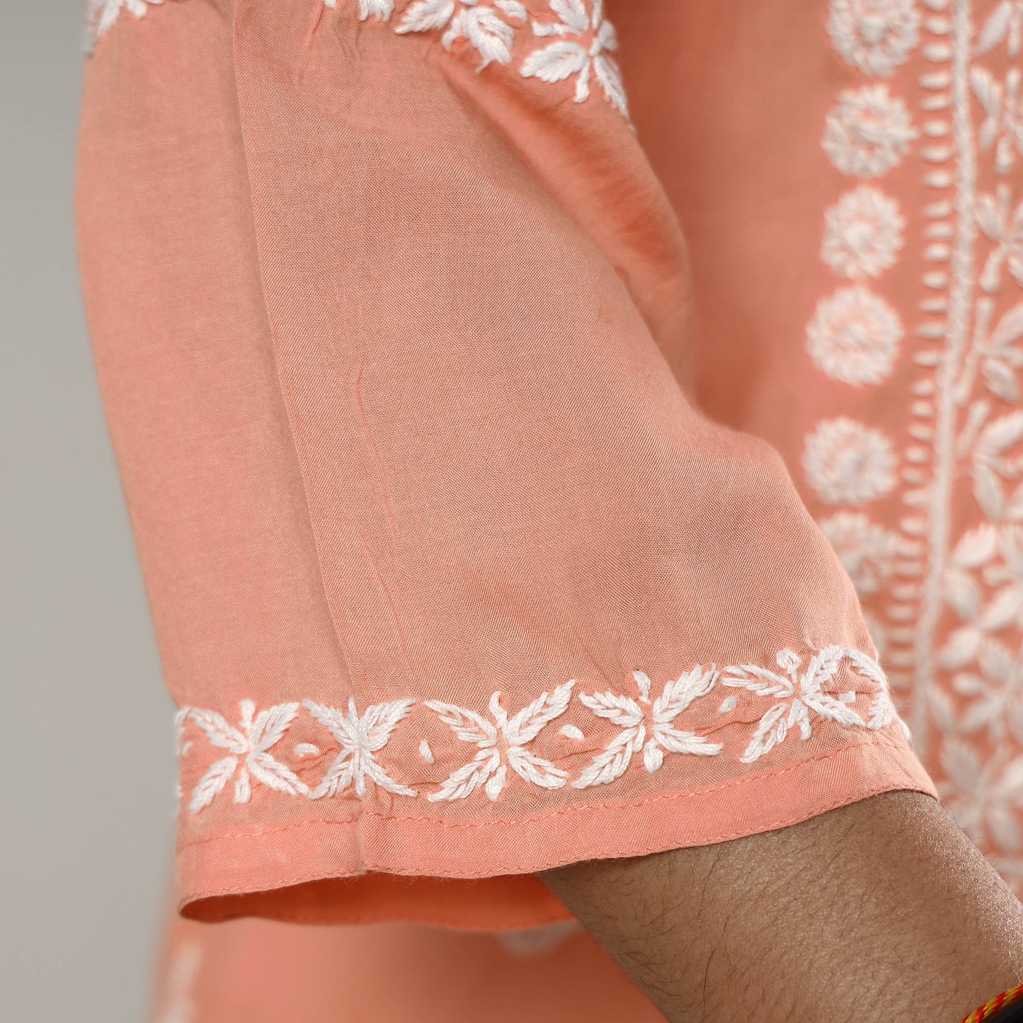 Peach Chikankari Hand Embroidered Rayon Cotton Long Kurta